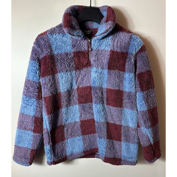 EDDIE BAUER Womens Small Blue Red Plaid Faux Fur Sweater 1/4 Zip Cozycore Granny - Picture 1 of 9